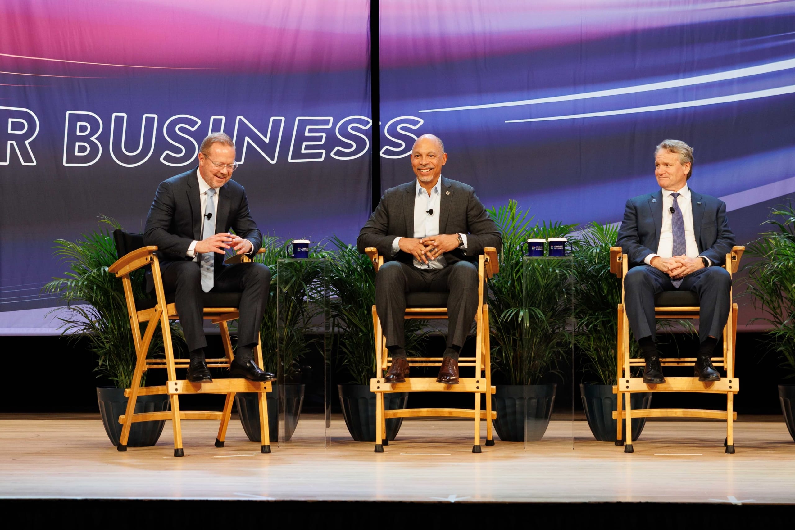 (Left to Right): Compass Group North America CEO Palmer Brown, Advocate Health CEO Gene Woods, and Bank of America Board Chair and CEO Brian Moynihan at the Charlotte Regional Business Alliance's 2025 Economic Outlook.